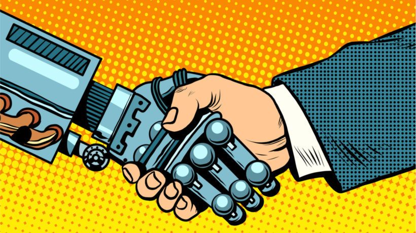 Graphic art of human and robot shaking hands
