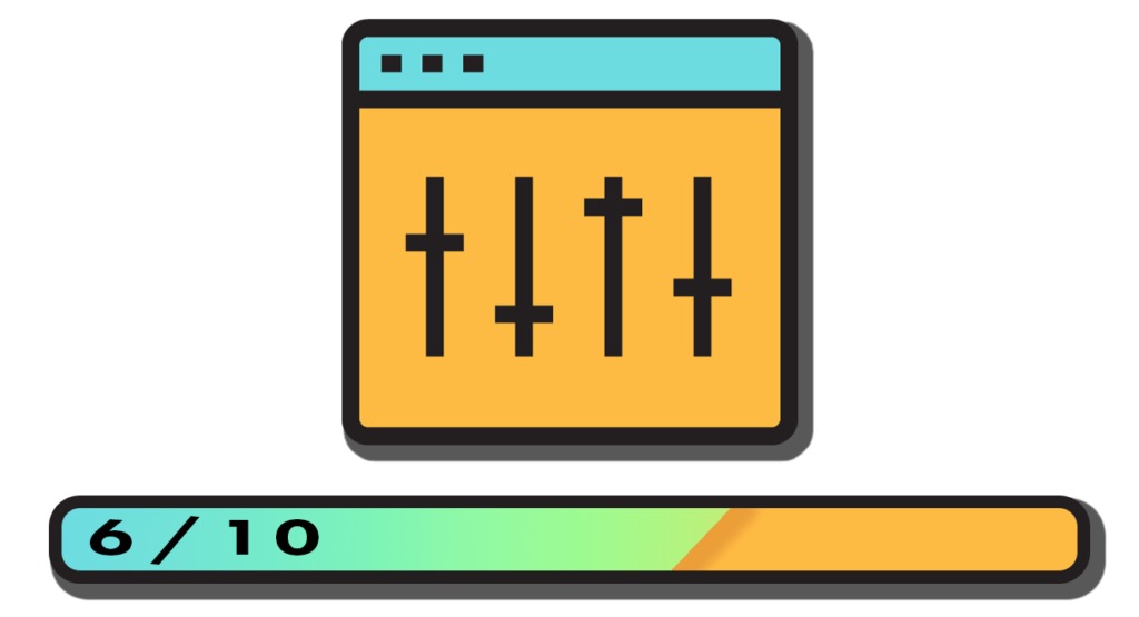 A graphic of a movie sound board with a meter below that says six out of ten