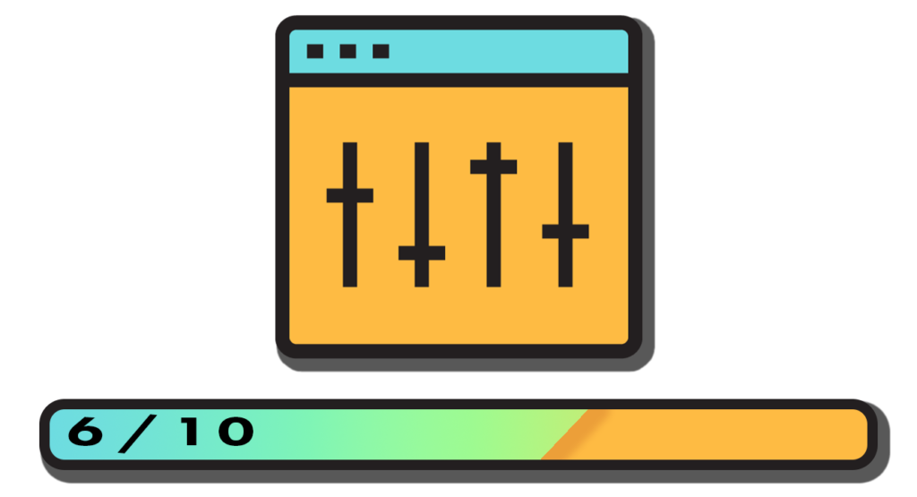 A graphic of a movie sound board with a meter below that says six out of ten