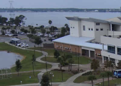 athletic building and campus background