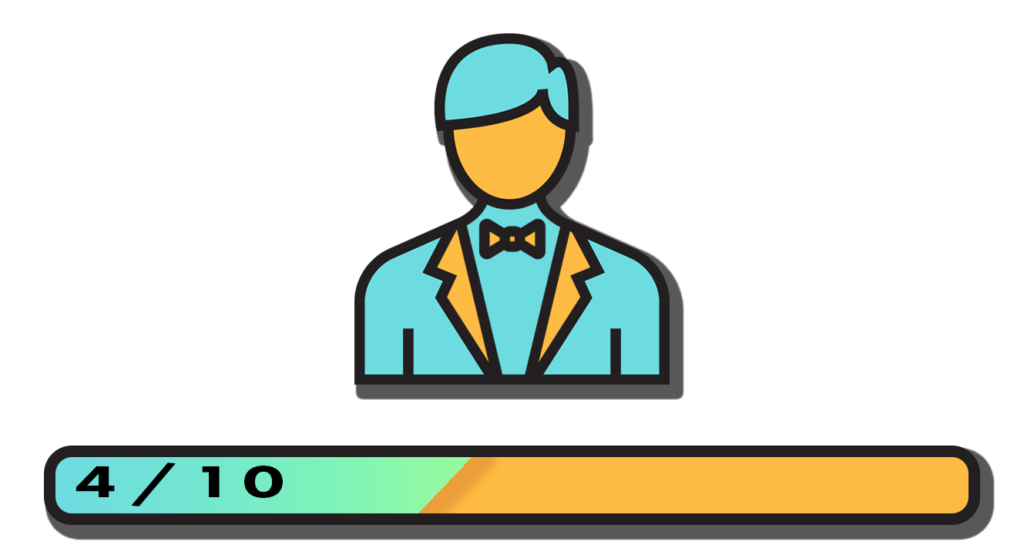 graphic of a man in a tux from the chest up with a bar below that says four out of ten