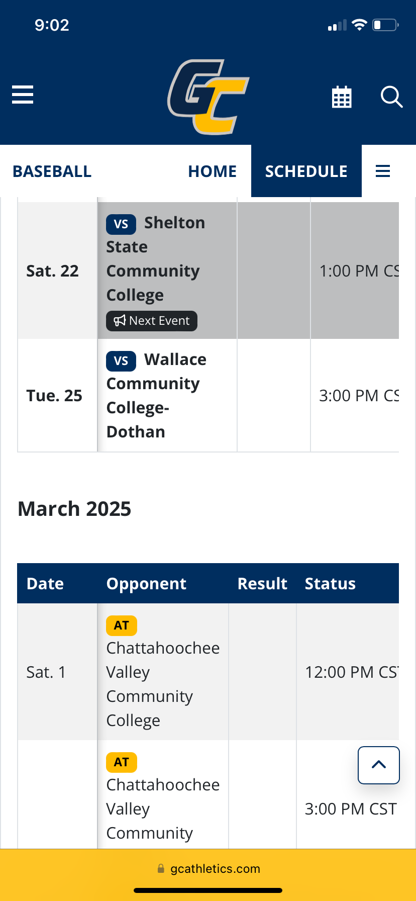 Screenshot of the schedule from the GCSC Athletics' website.