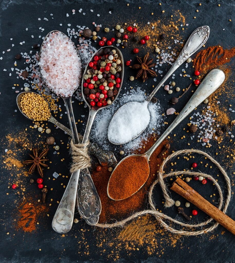 Assortment of cooking spices and utensils
