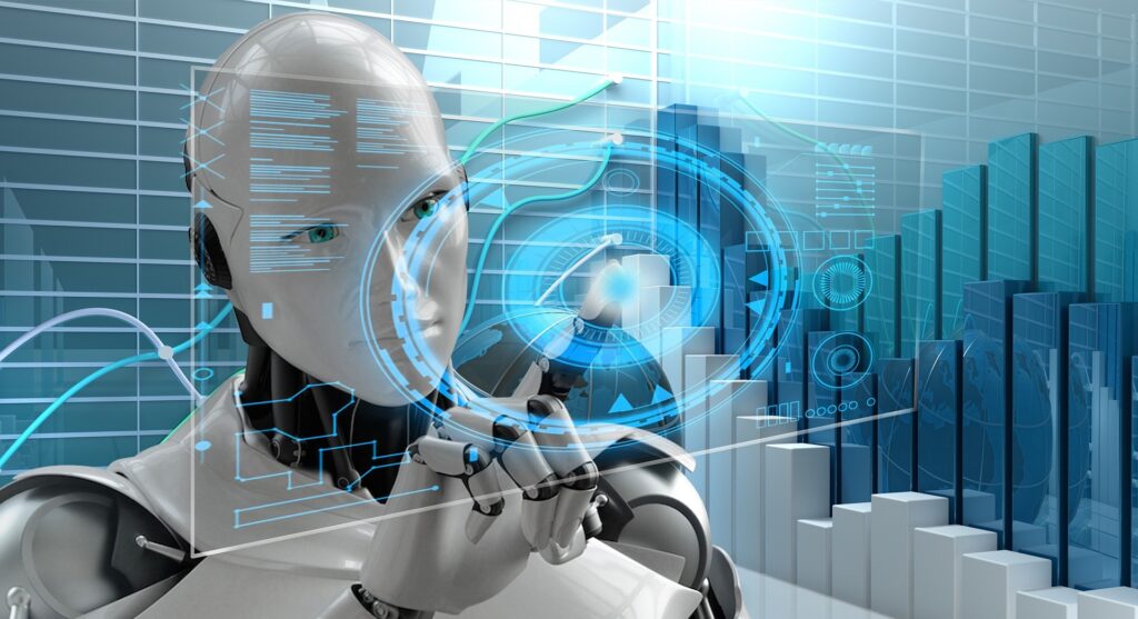 A.I. image of an android touching a floating touchscreen