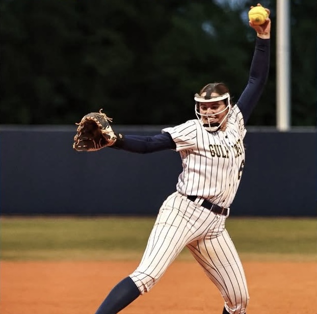 Madison Laiche pitching for Gulf Coast State College against Tallahassee State on April 8, 2026.